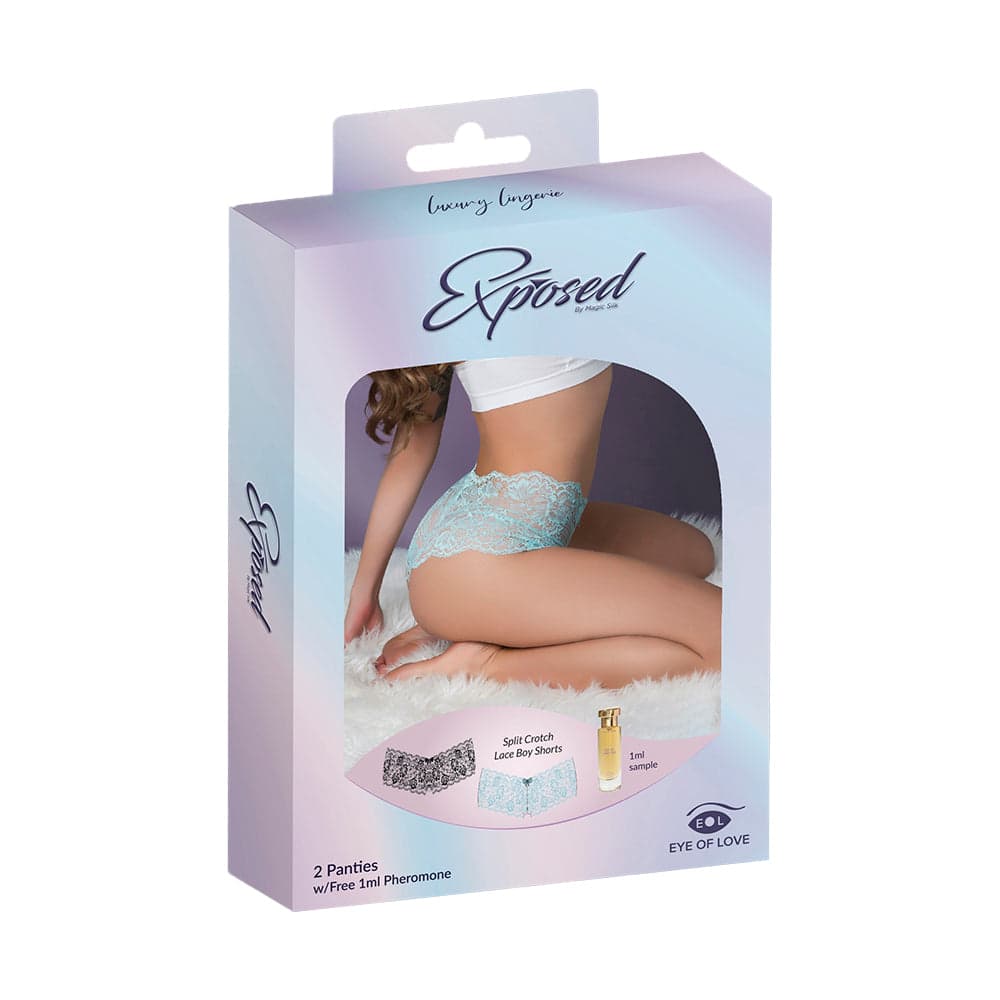Magic Silk Pheromone Panties Split Crotch Lace Boy Short 2-Pack Aqua/Black Queen Size