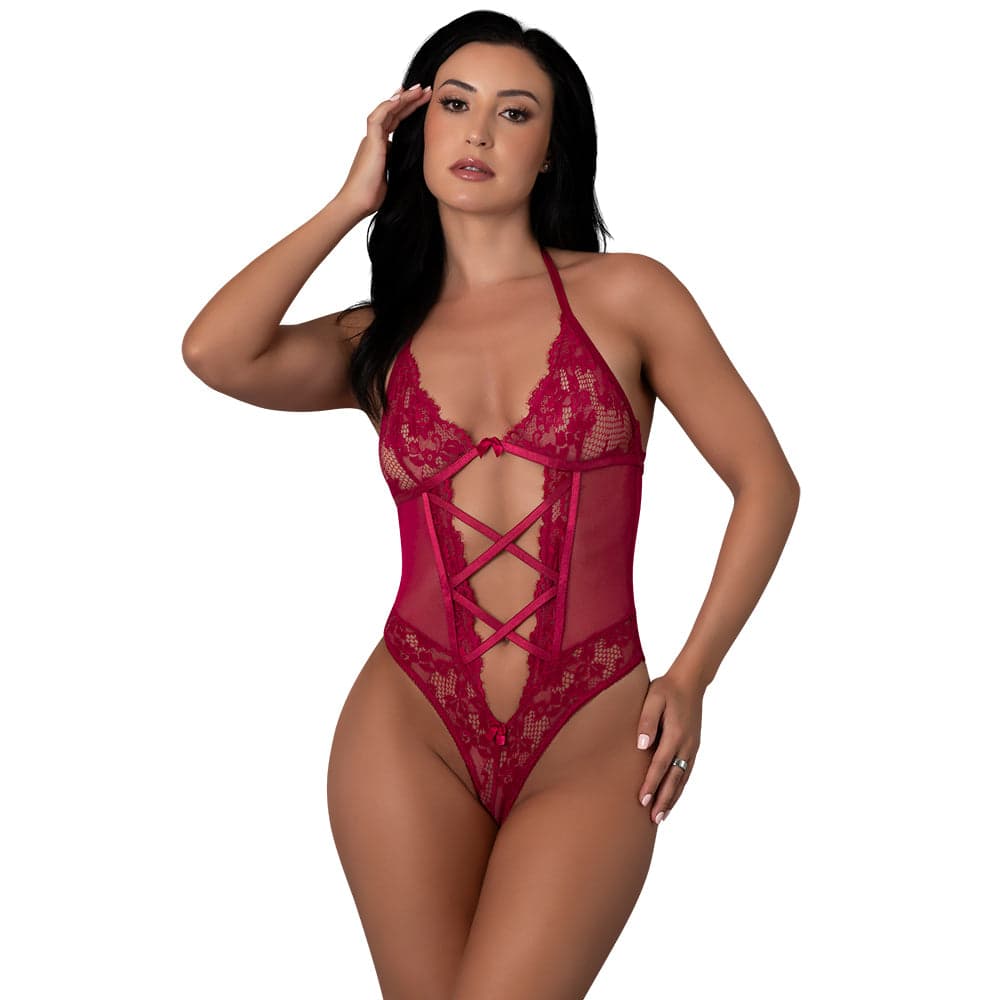 Magic Silk Black Cherry Halter Teddy Cherry S/M