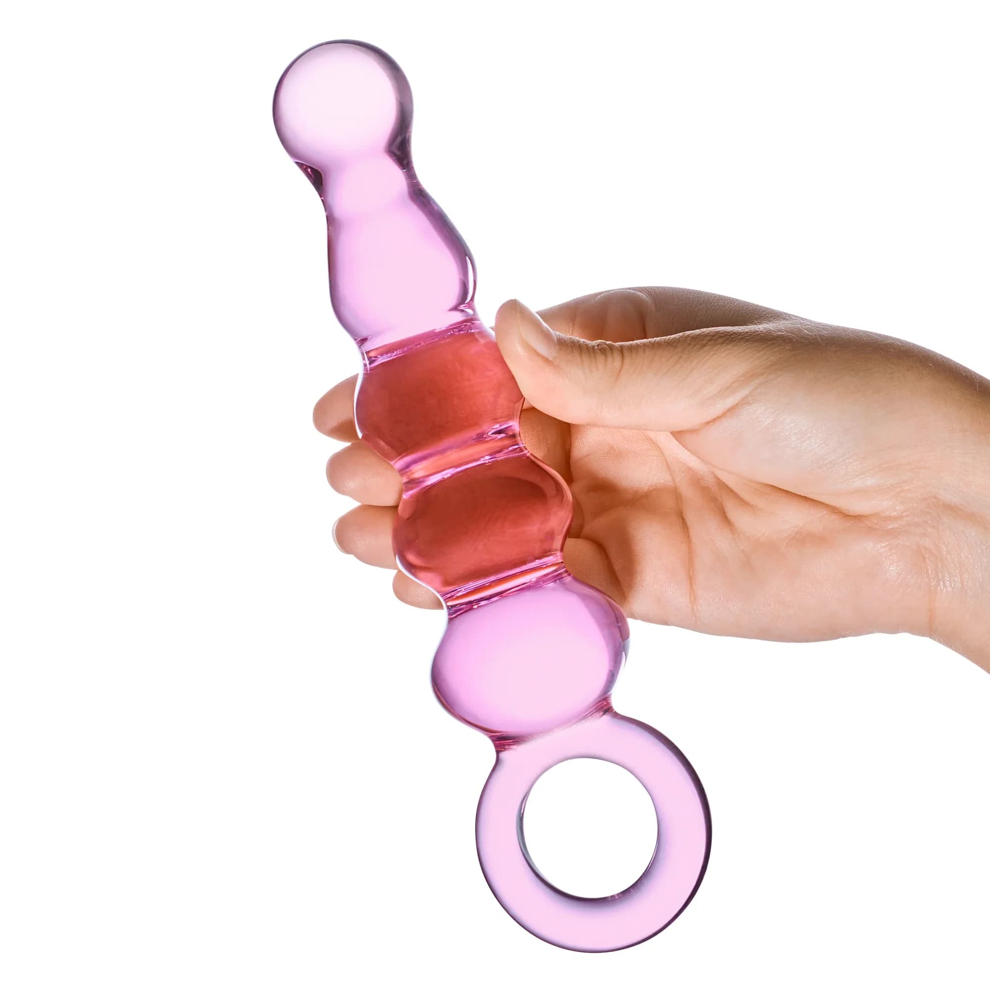 Glas 7.5 in. Quintessence Beaded Anal Slider Glass Dildo with Ring Handle thumbnail