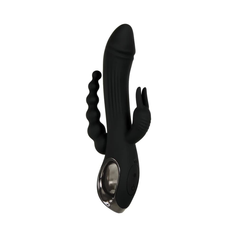 Evolved Trifecta Rechargeable Dual Entry Triple Stimulation Silicone Rabbit Vibrator Black thumbnail