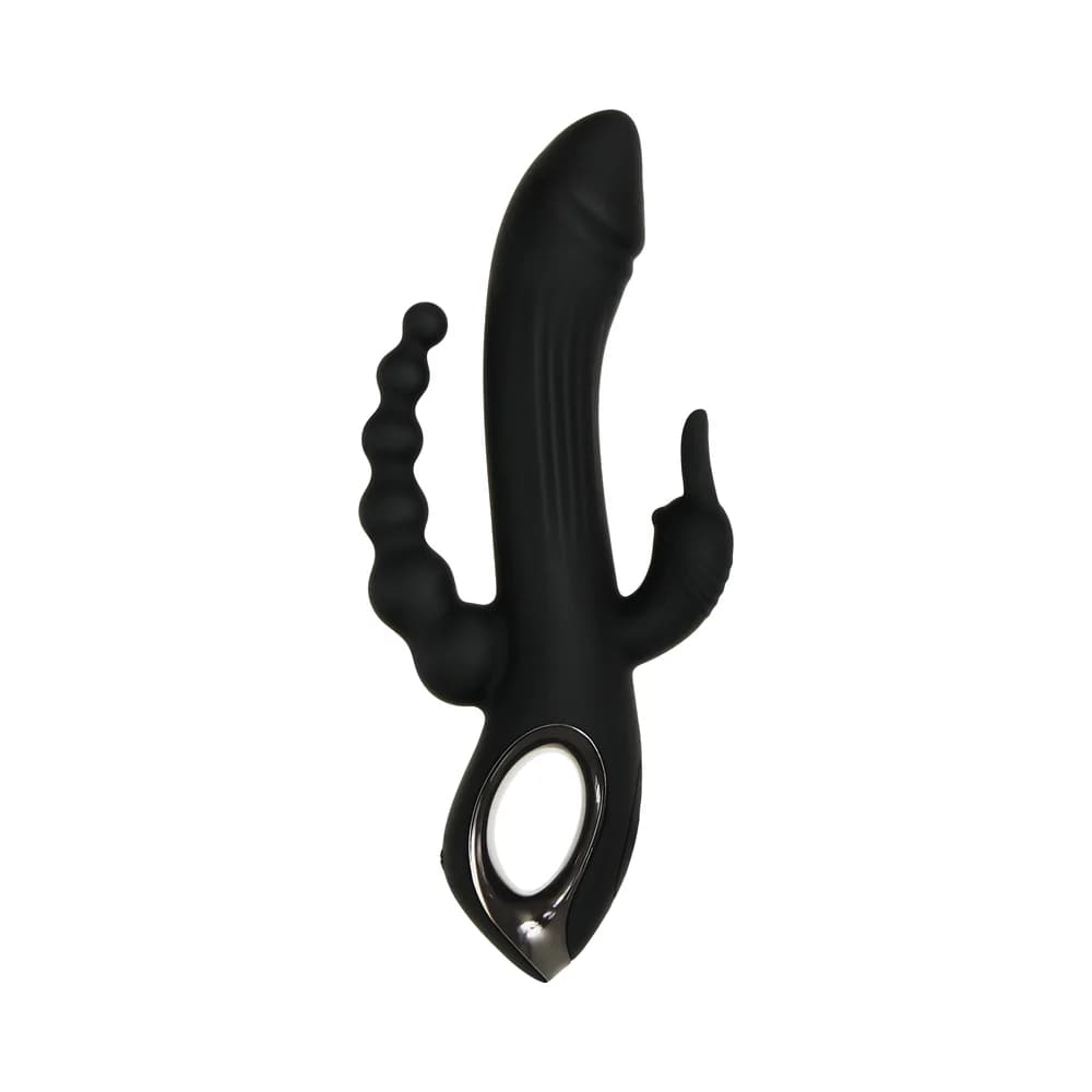 Evolved Trifecta Rechargeable Dual Entry Triple Stimulation Silicone Rabbit Vibrator Black thumbnail