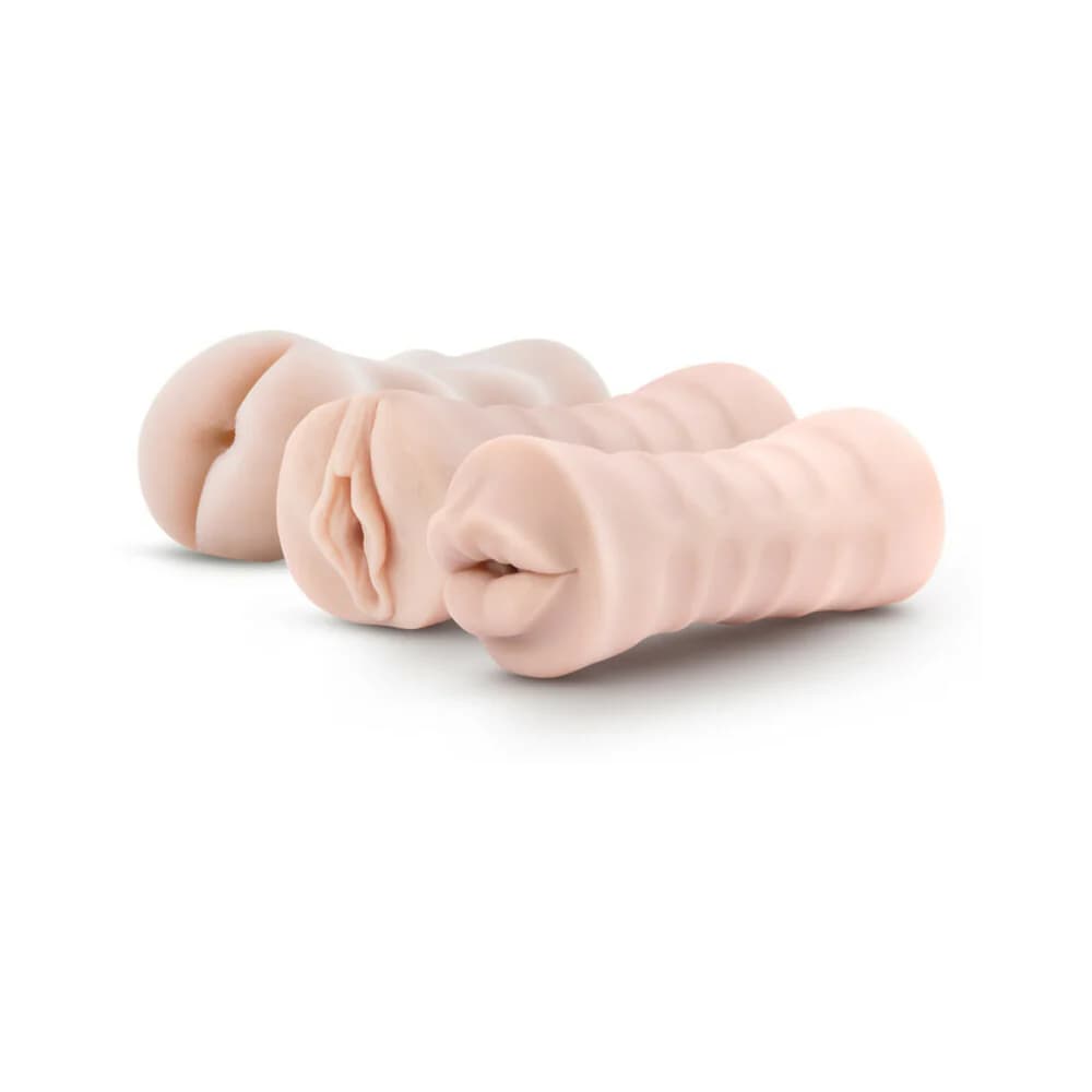 M for Men Soft + Wet Self-Lubricating 3-Pack Vibrating Stroker Sleeve Kit Beige thumbnail