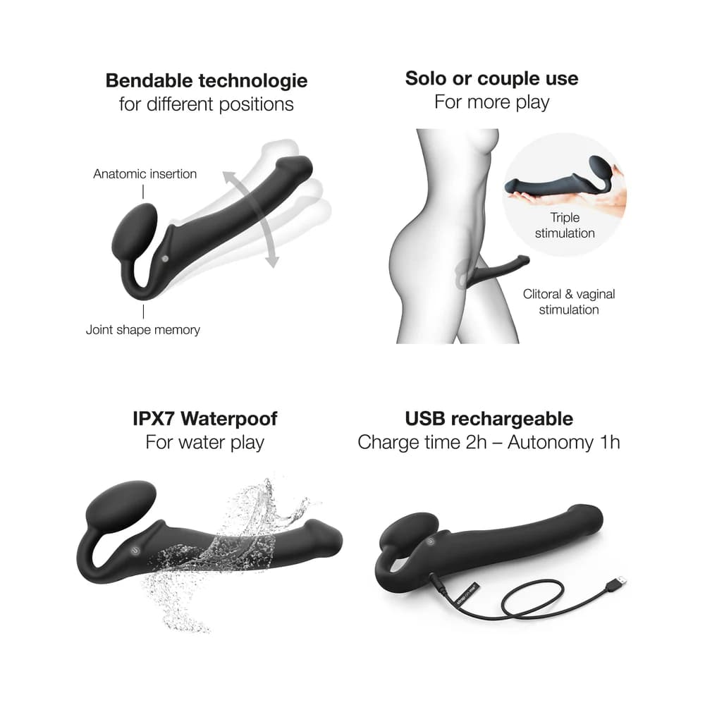 Strap-On-Me Rechargeable Remote-Controlled Silicone Vibrating Bendable Strap-On Black M thumbnail
