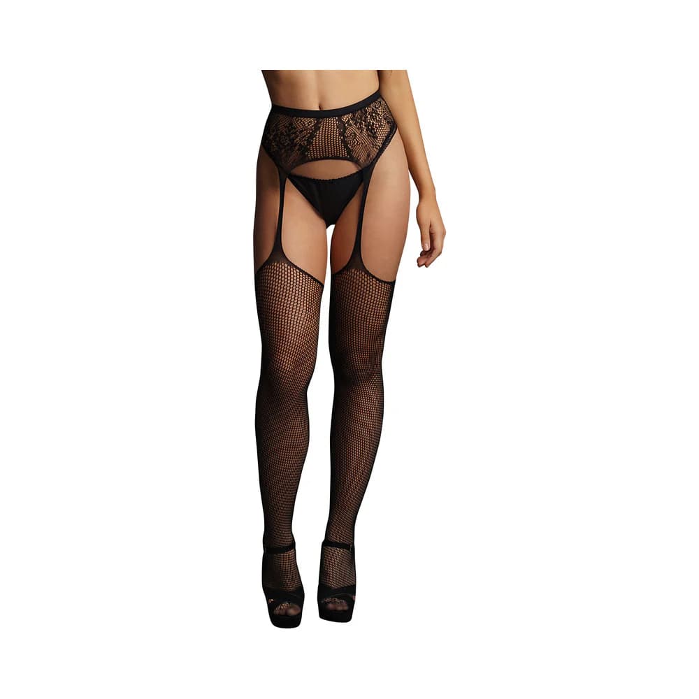 Le Desir Fishnet and Lace Garter belt Stockings Black O/S thumbnail