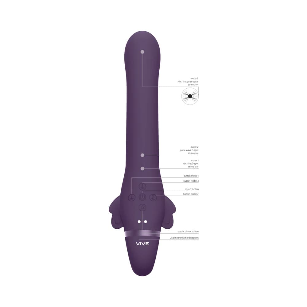 VIVE SATU Rechargeable Triple Motor Pulse-Wave Vibrating Silicone Strapless Strap-On Purple thumbnail 6
