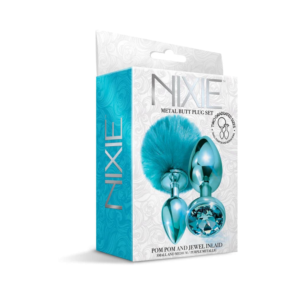 NIXIE Metal Butt Plug Set Pom Pom and Jewel-Inlaid Metallic Blue thumbnail