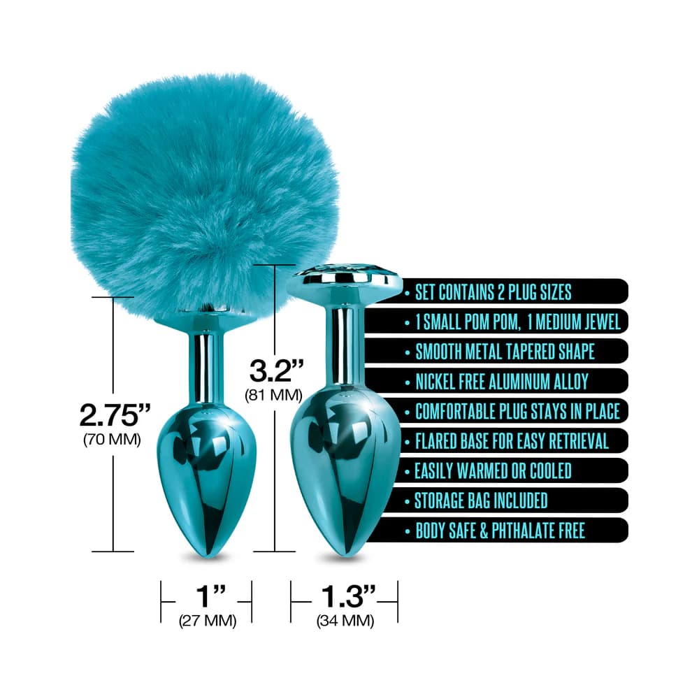 NIXIE Metal Butt Plug Set Pom Pom and Jewel-Inlaid Metallic Blue thumbnail
