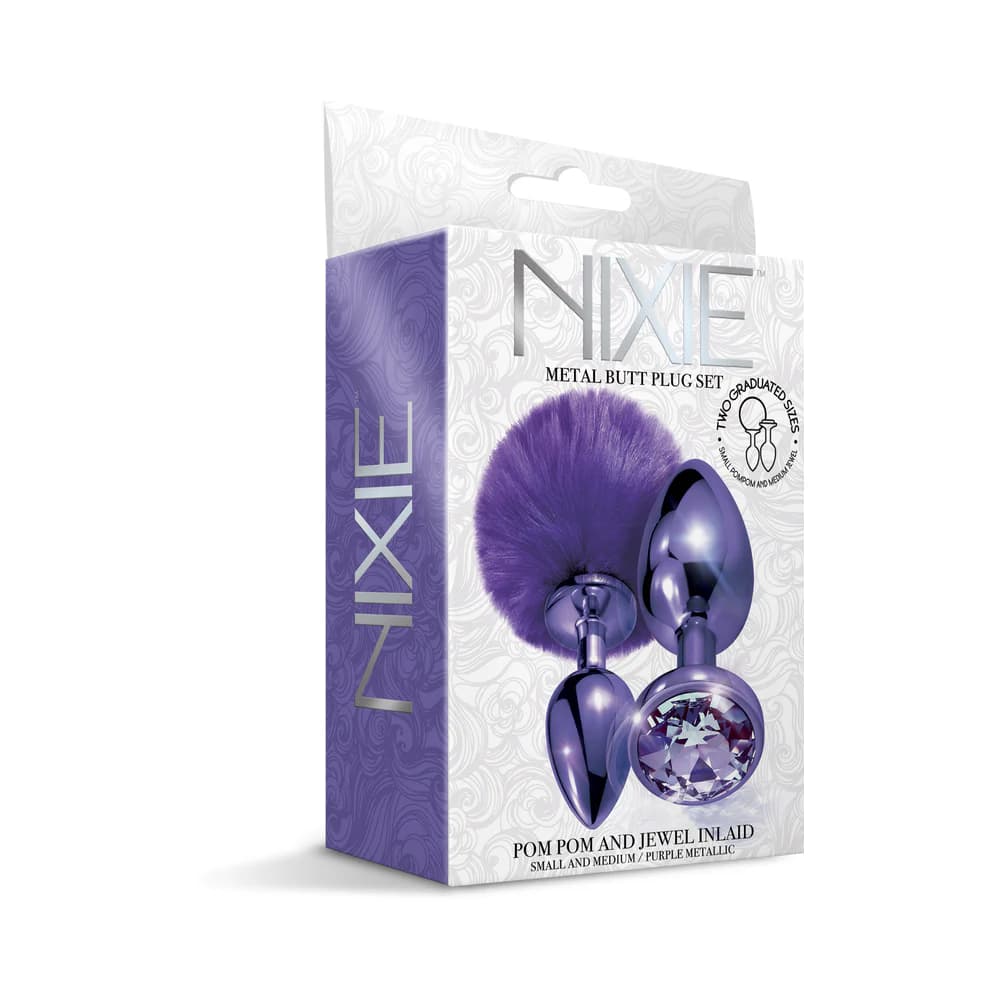NIXIE Metal Butt Plug Set Pom Pom and Jewel-Inlaid Metallic Purple thumbnail