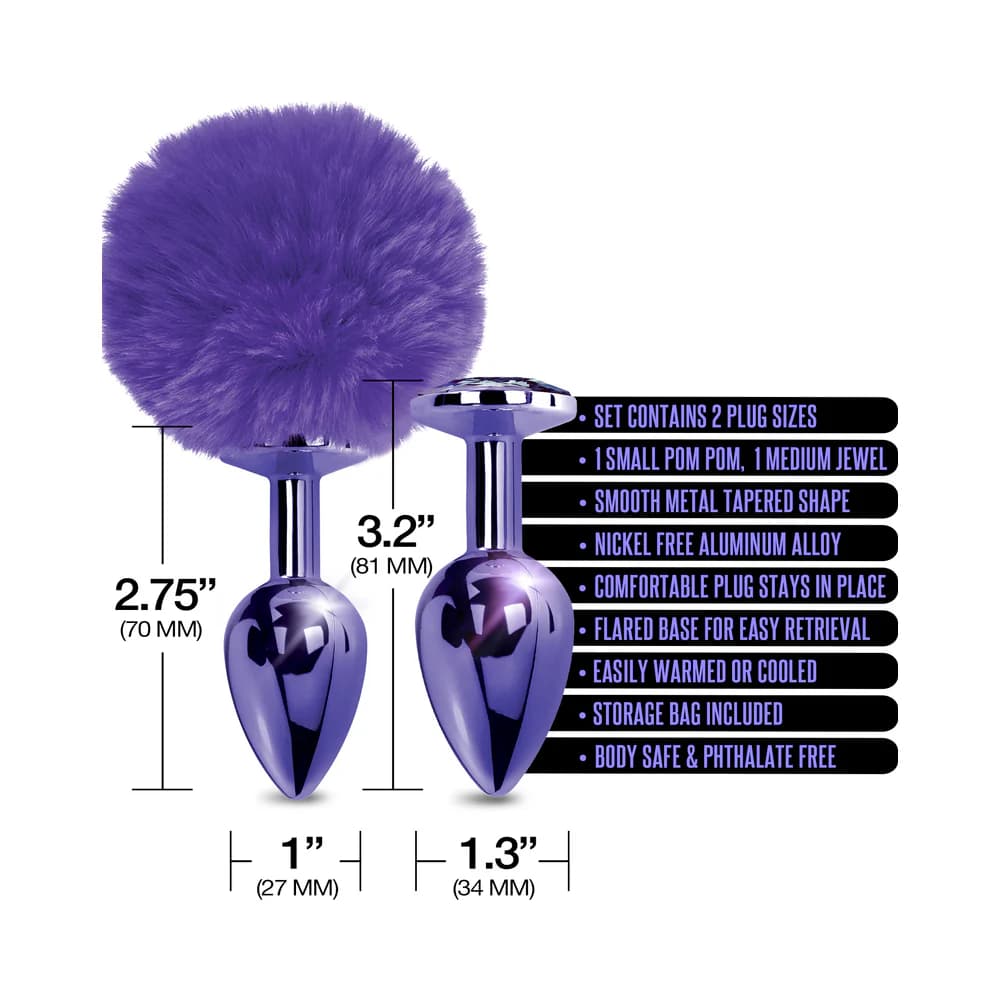 NIXIE Metal Butt Plug Set Pom Pom and Jewel-Inlaid Metallic Purple thumbnail