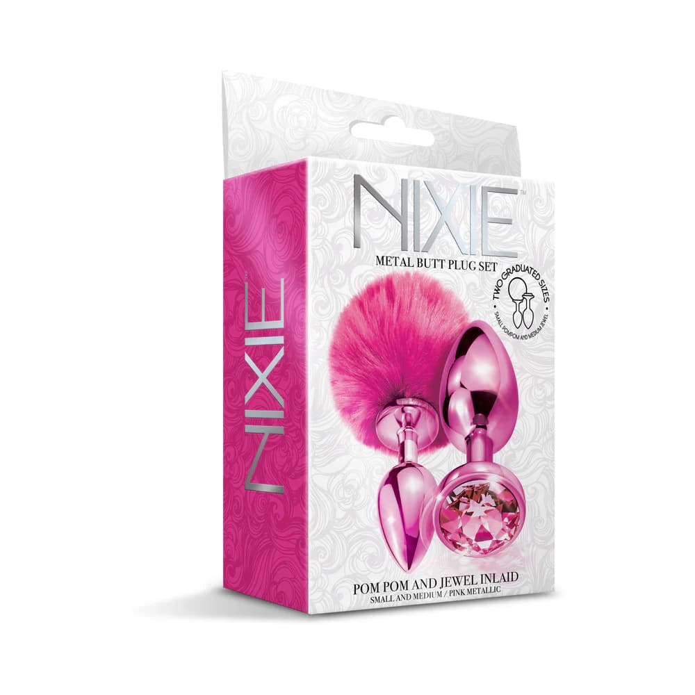 NIXIE Metal Butt Plug Set Pom Pom and Jewel-Inlaid Metallic Pink thumbnail