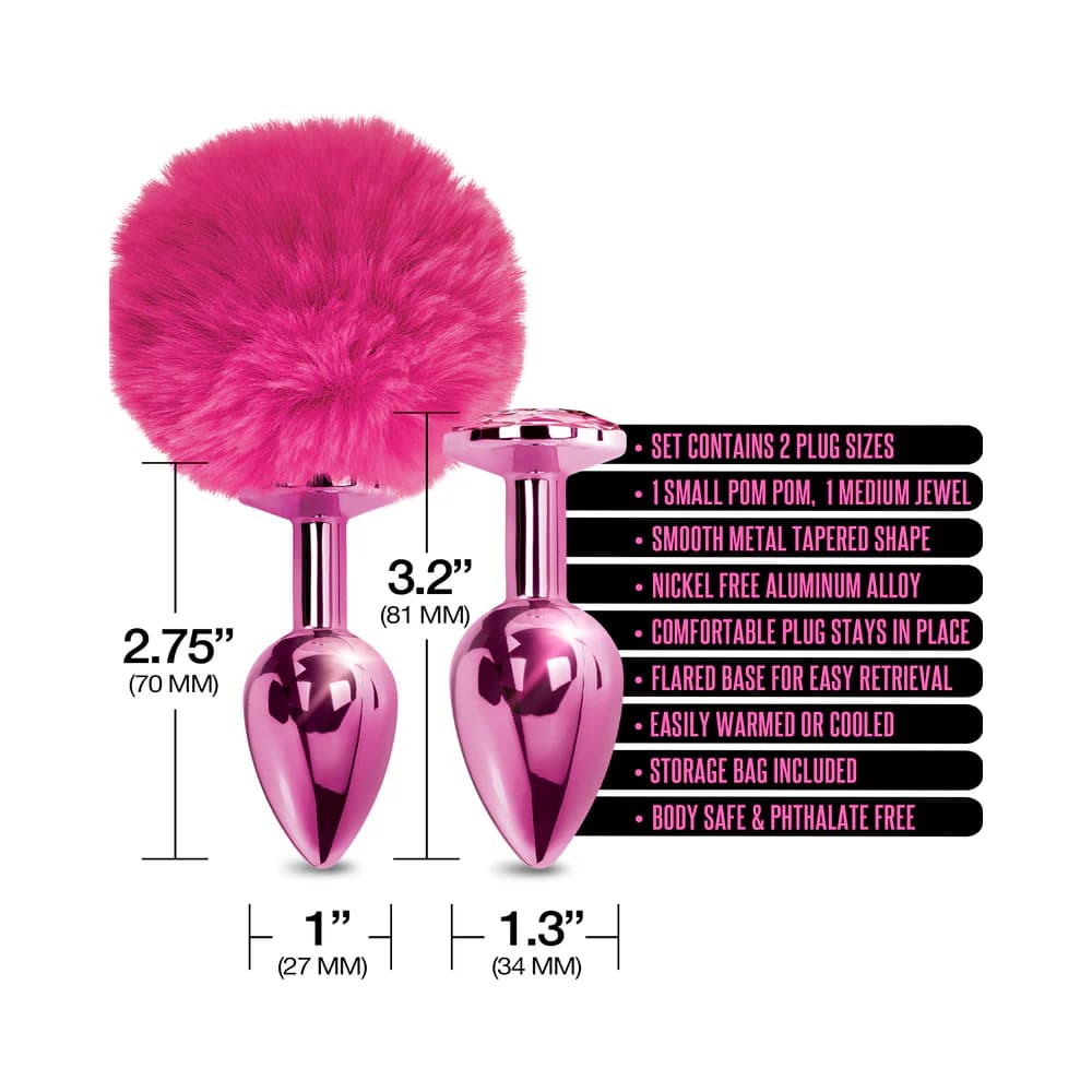 NIXIE Metal Butt Plug Set Pom Pom and Jewel-Inlaid Metallic Pink thumbnail