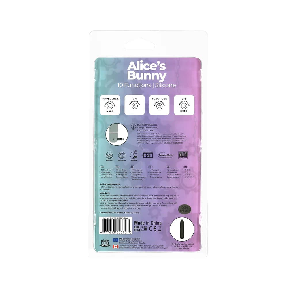 Powerbullet Alice's Bunny Rechargeable Bullet Vibrator with Silicone Rabbit Sleeve Pink thumbnail 7