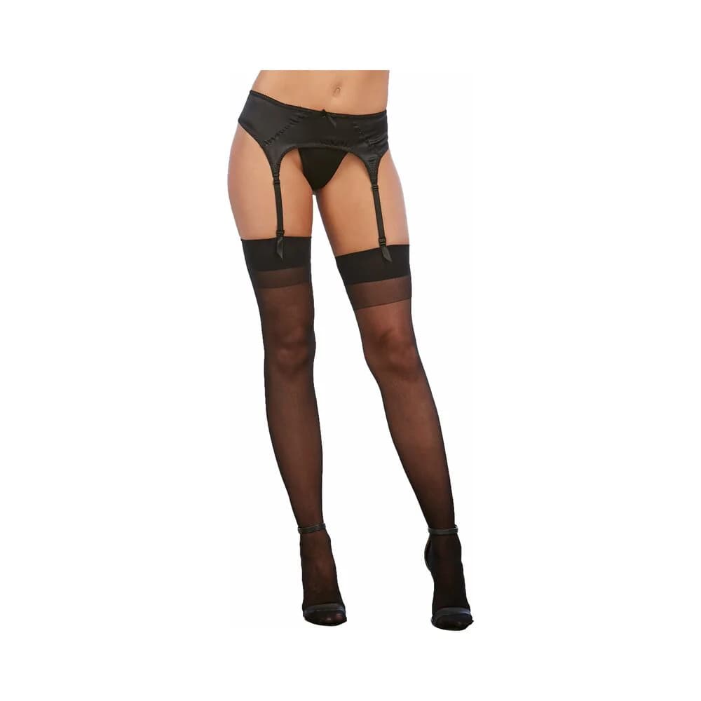 Dreamgirl Sheer Thigh-High Stockings With Plain Top and Back Seam Black OS thumbnail