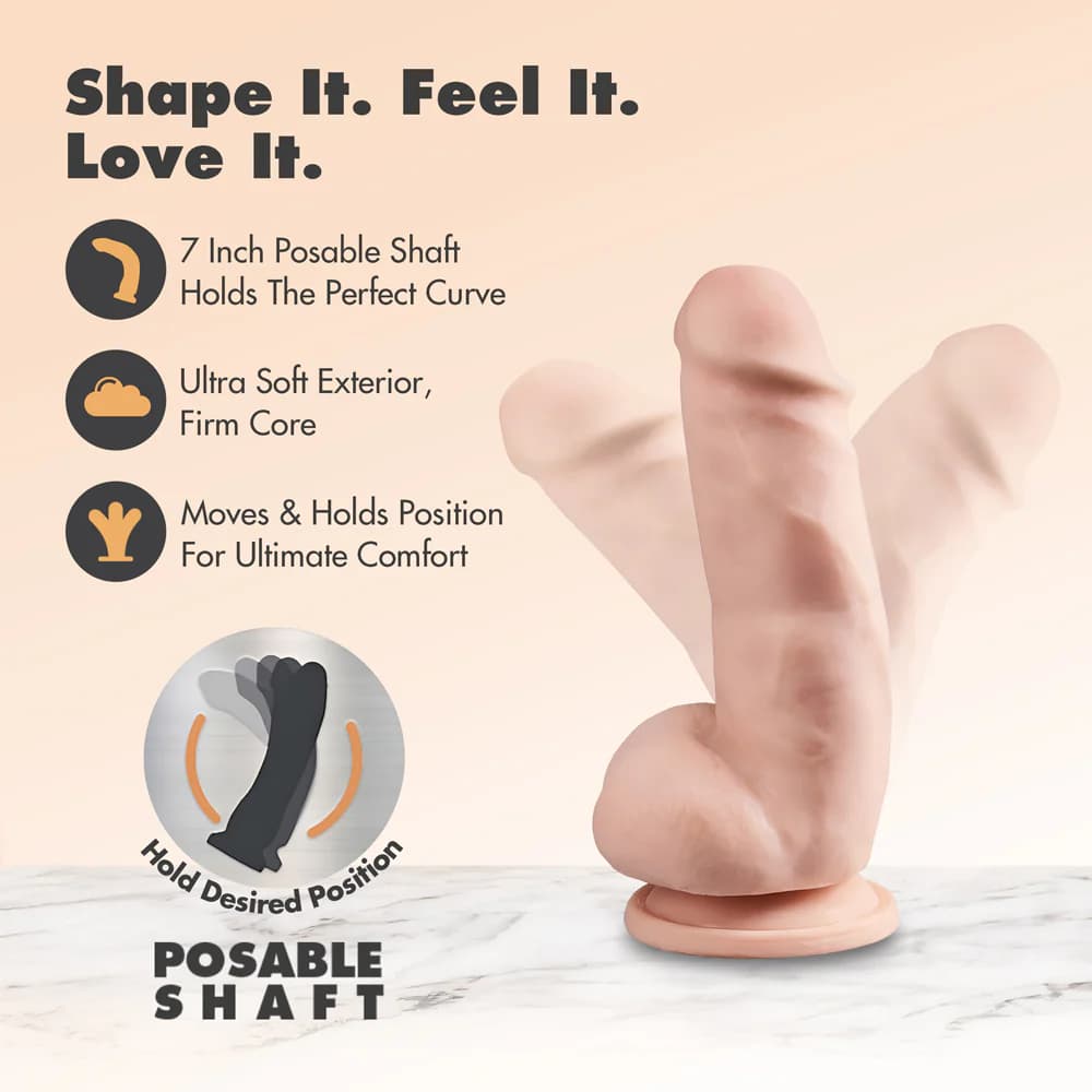 Dr. Skin Plus Girthy 7 in. Triple Density Posable Dildo with Balls Beige thumbnail 6