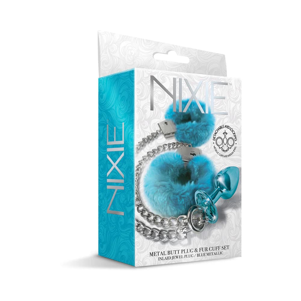 Nixie Metal Butt Plug & Furry Handcuff Set Medium Blue Metallic thumbnail 2