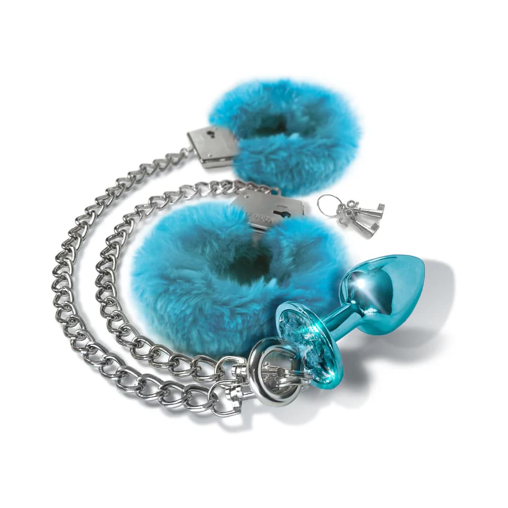 Nixie Metal Butt Plug & Furry Handcuff Set Medium Blue Metallic thumbnail 3