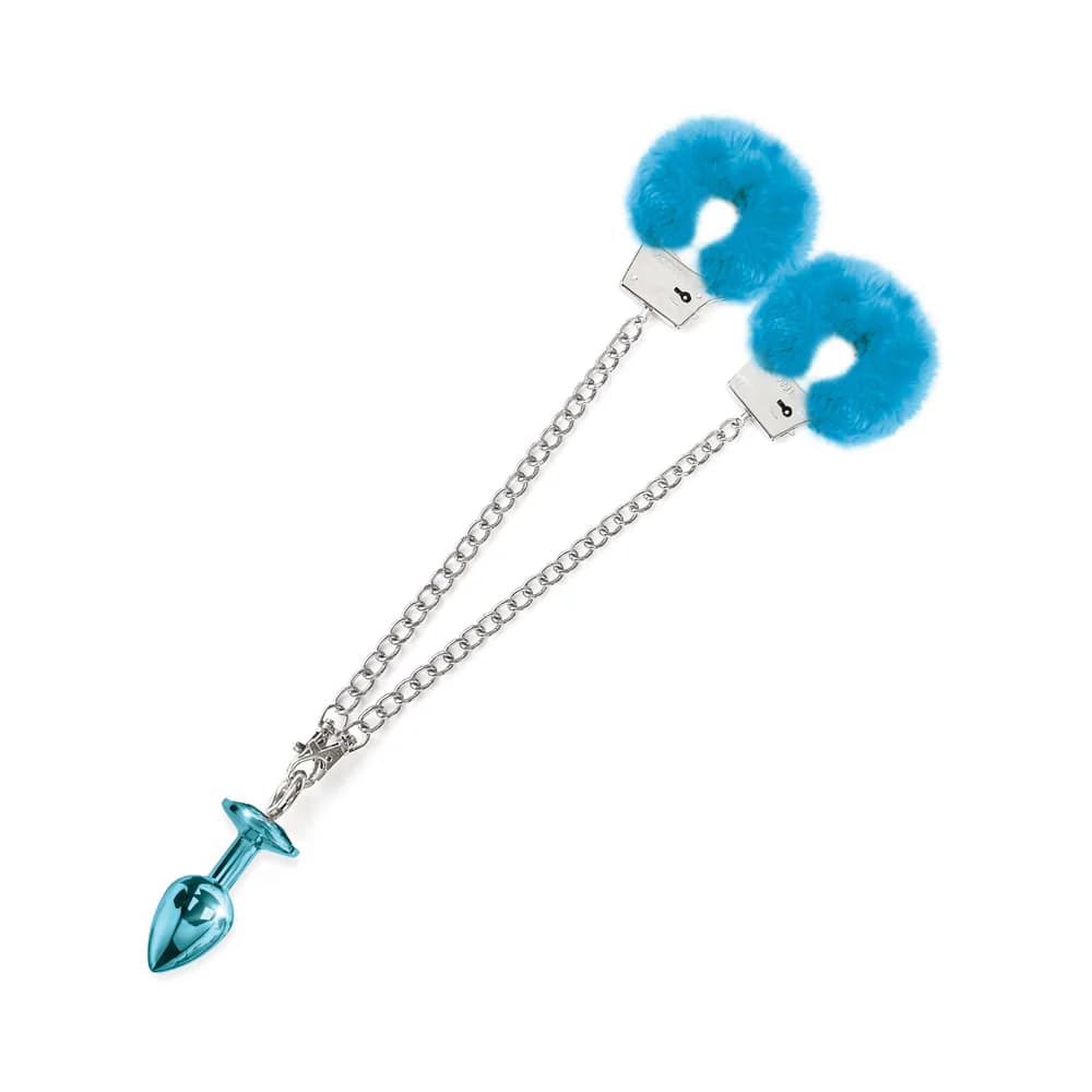 Nixie Metal Butt Plug & Furry Handcuff Set Medium Blue Metallic thumbnail 5