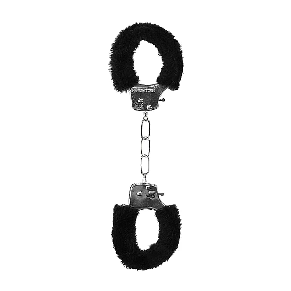 Ouch! Black & White Beginner Pleasure Furry Wrist Cuffs With Quick-Release Button Black thumbnail 4