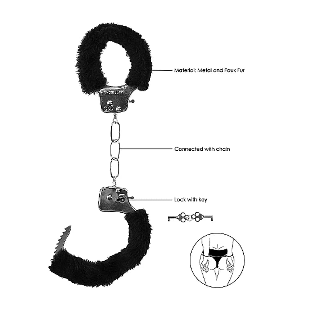 Ouch! Black & White Beginner Pleasure Furry Wrist Cuffs With Quick-Release Button Black thumbnail 5