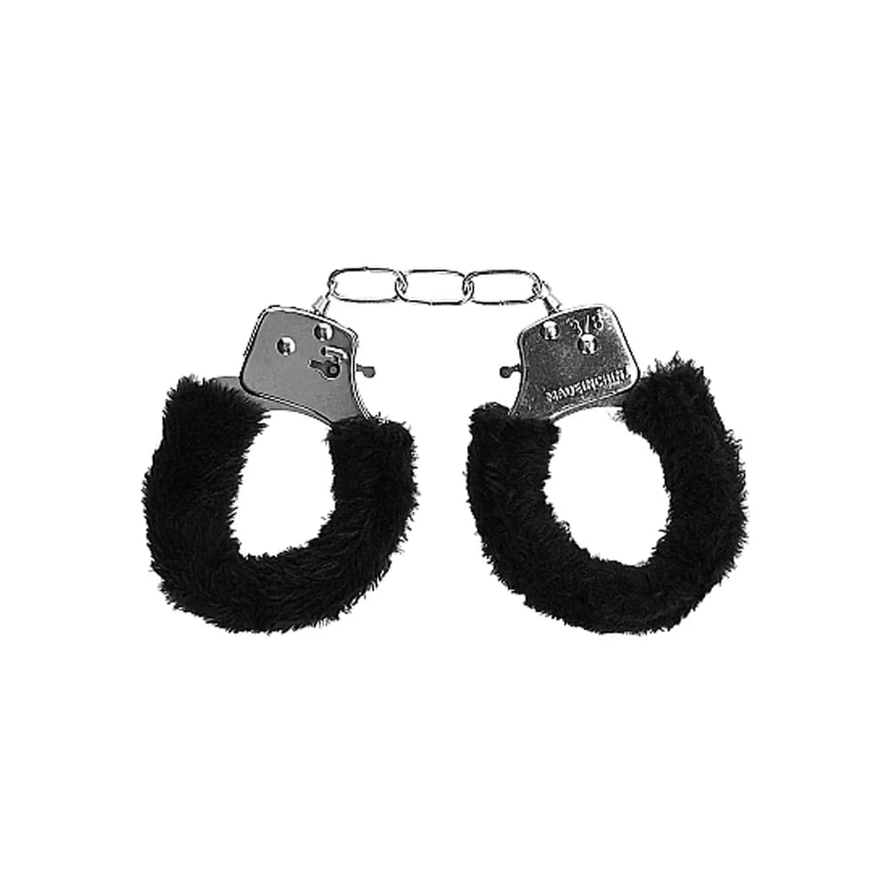Ouch! Black & White Beginner Pleasure Furry Wrist Cuffs With Quick-Release Button Black thumbnail 6
