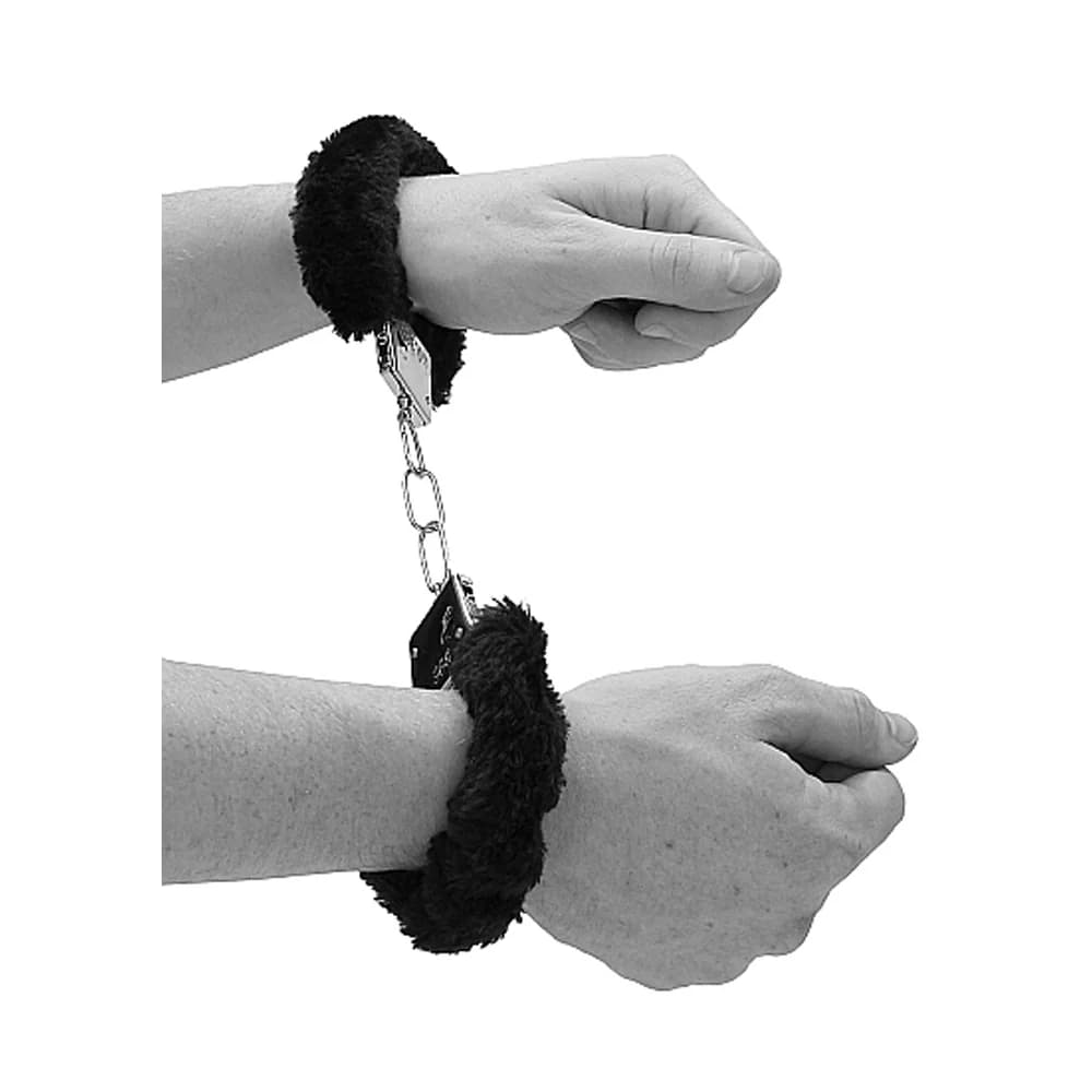 Ouch! Black & White Beginner Pleasure Furry Wrist Cuffs With Quick-Release Button Black thumbnail 7