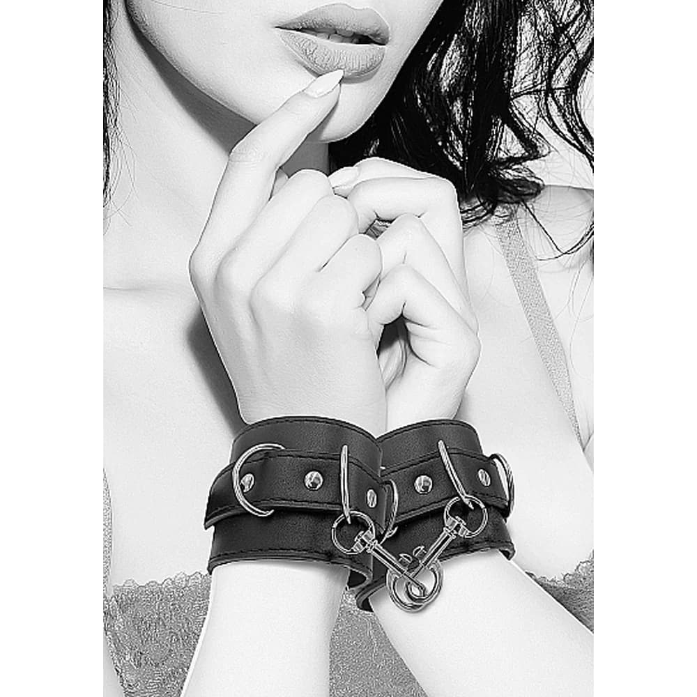 Ouch! Black & White Adjustable Bonded Leather Wrist or Ankle Cuffs Black thumbnail 7