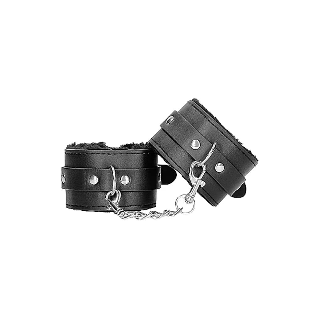 Ouch! Black & White Adjustable Plush Bonded Leather Hand Cuffs Black thumbnail 4