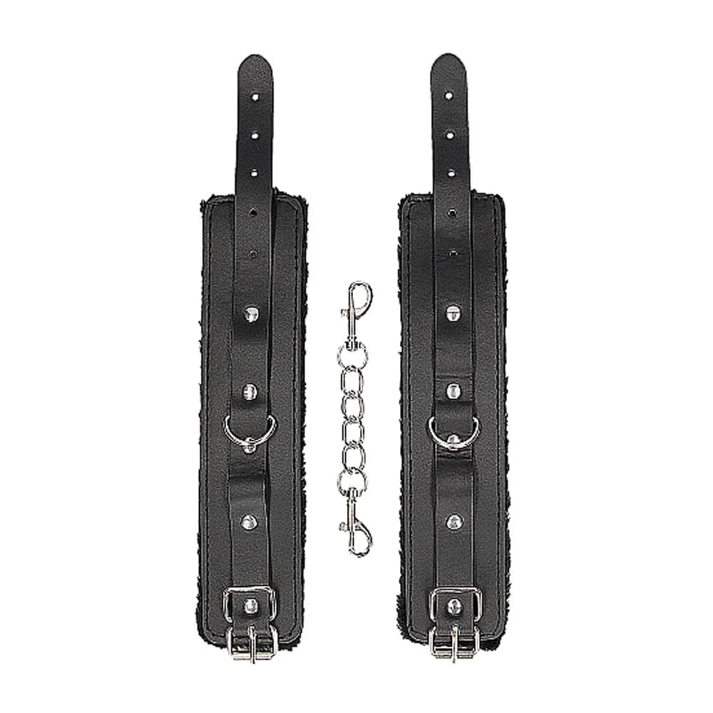 Ouch! Black & White Adjustable Plush Bonded Leather Hand Cuffs Black thumbnail 5
