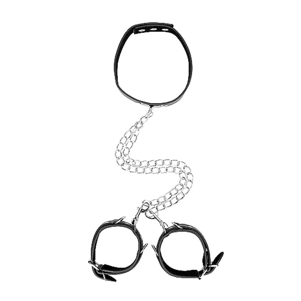 Ouch! Black & White Adjustable Bonded Leather Collar With Hand Cuffs & Chain Black thumbnail 5