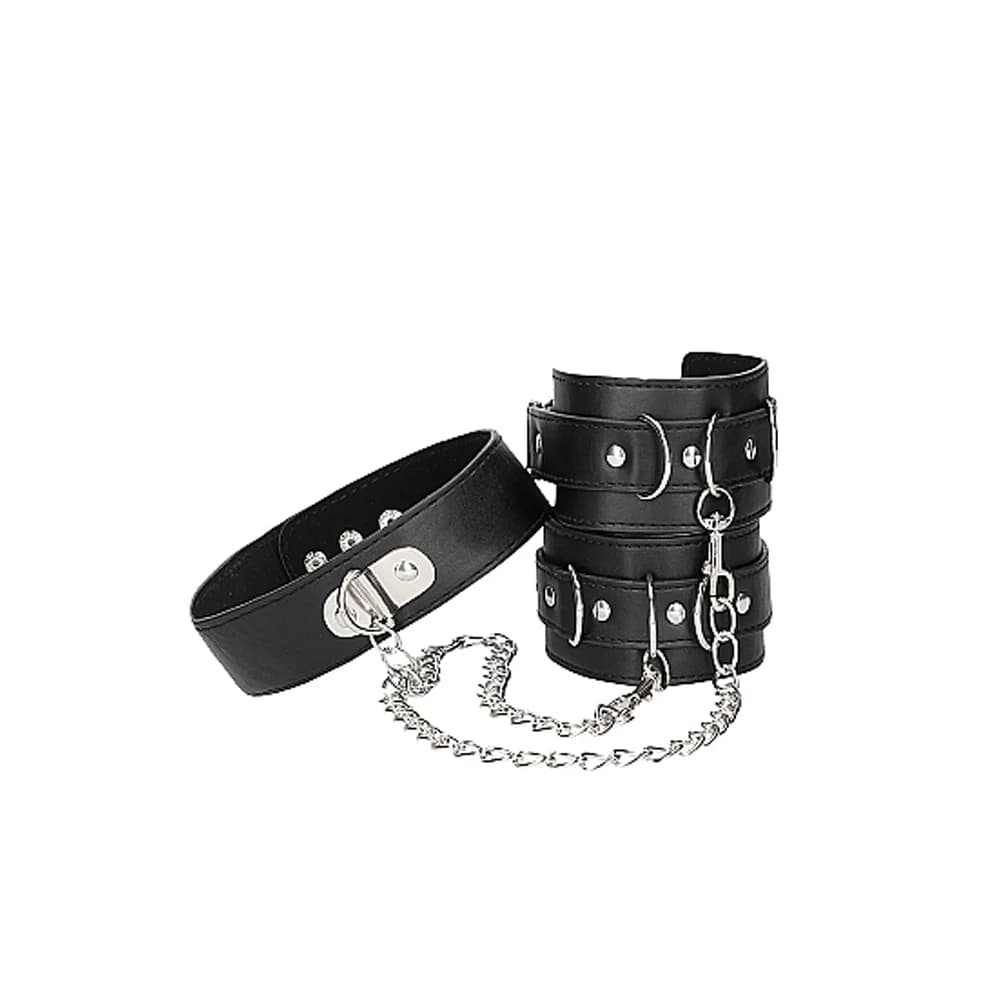 Ouch! Black & White Adjustable Bonded Leather Collar With Hand Cuffs & Chain Black thumbnail 8