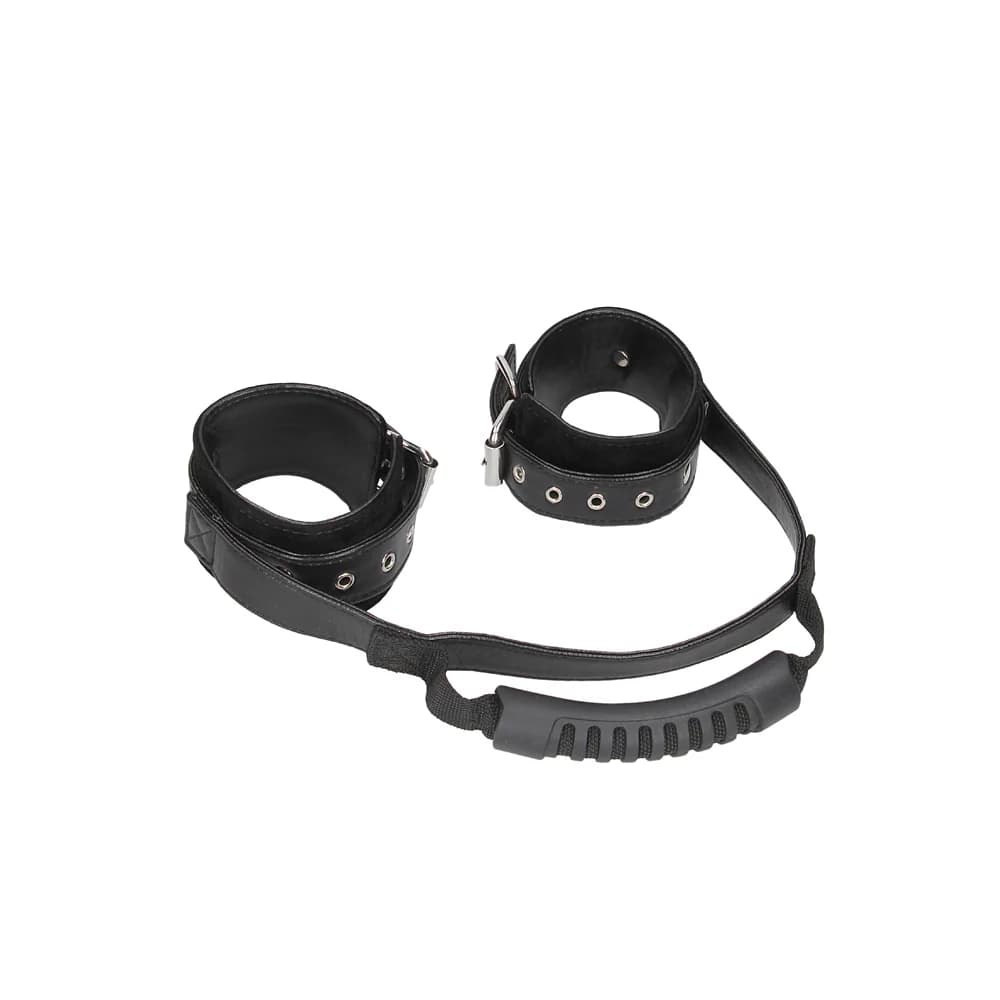 Ouch! Black & White Adjustable Bonded Leather Wrist Cuffs With Handle Black thumbnail 2