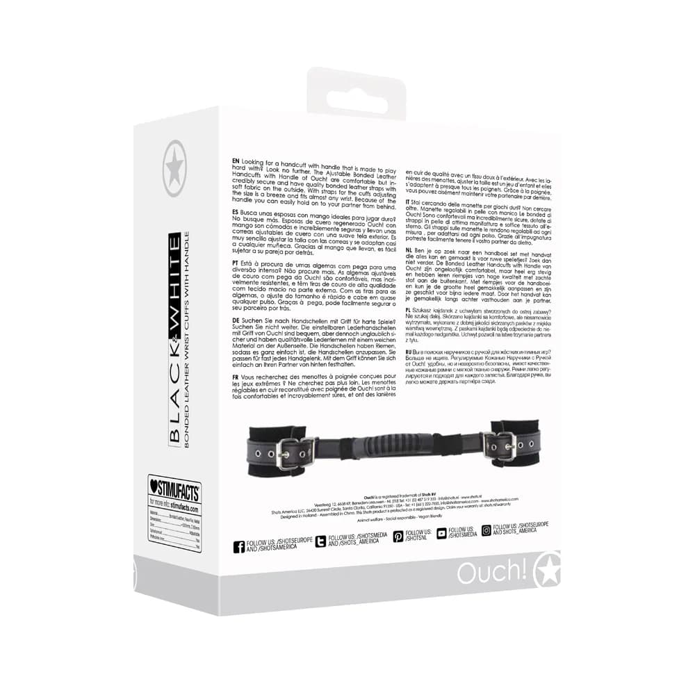 Ouch! Black & White Adjustable Bonded Leather Wrist Cuffs With Handle Black thumbnail 8