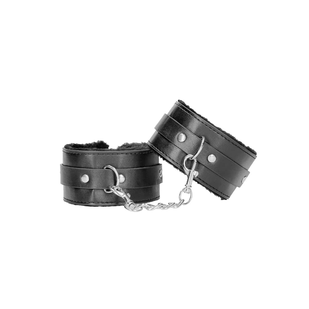 Ouch! Black & White Adjustable Plush Bonded Leather Ankle Cuffs Black thumbnail 2