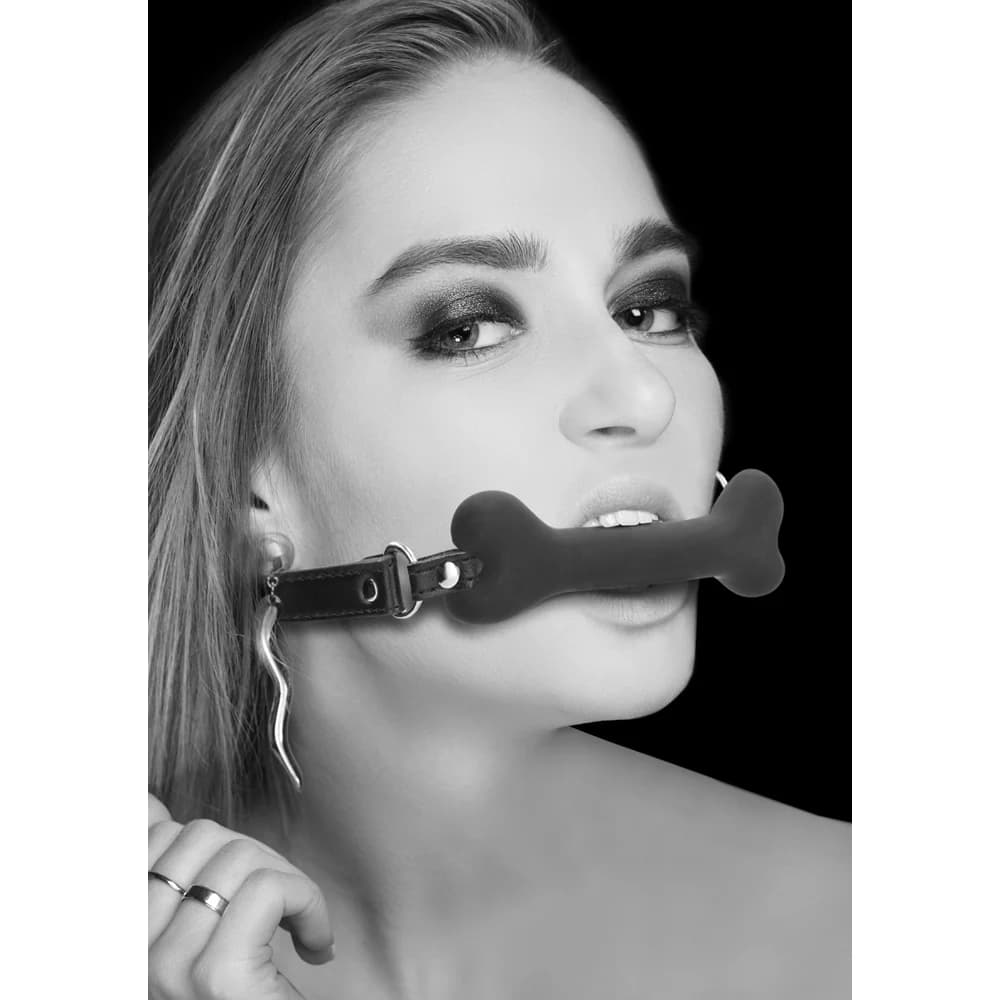 Ouch! Black & White Silicone Bone Gag With Adjustable Bonded Leather Straps Black thumbnail 5