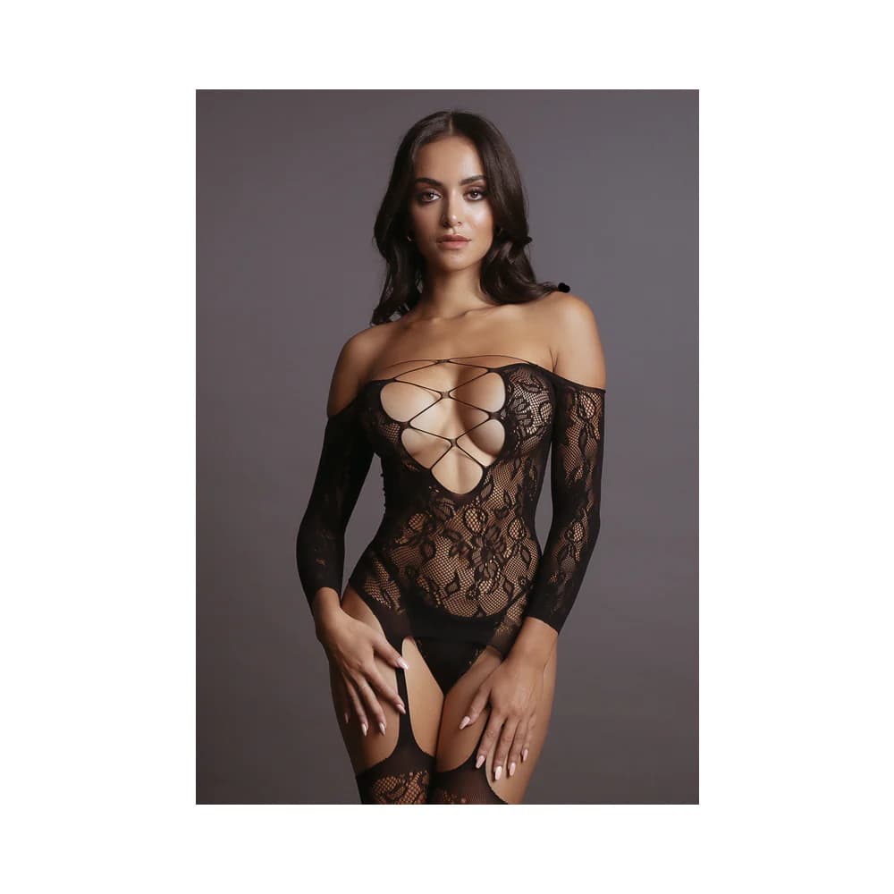 Le Desir Deep-V Criss-Cross Bodystocking Black O/S thumbnail 2