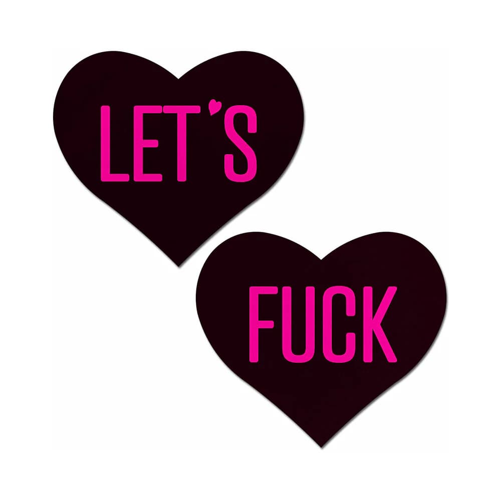 Pastease Love: Let's Fuck Black Heart on Neon Pink Base Nipple Pasties thumbnail 2