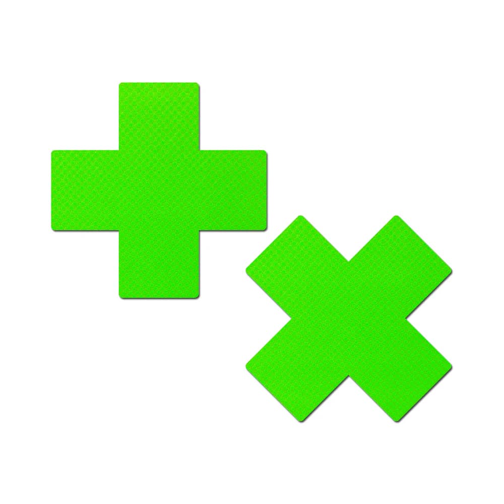 Pastease Plus X: Neon Green Day-Glow Lycra Cross Nipple Pasties thumbnail 2