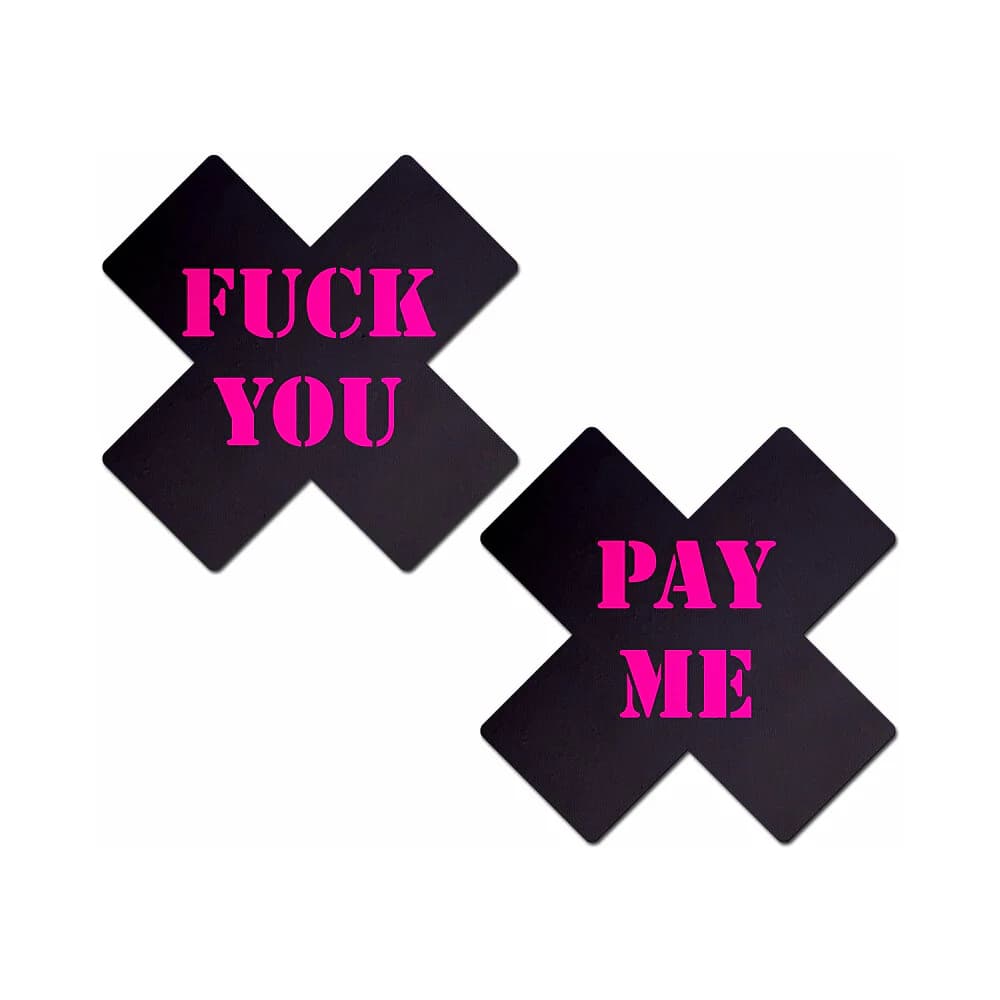 Pastease Plus X: Black with Pink Fuck You, Pay Me Cross Nipple Pasties thumbnail 2