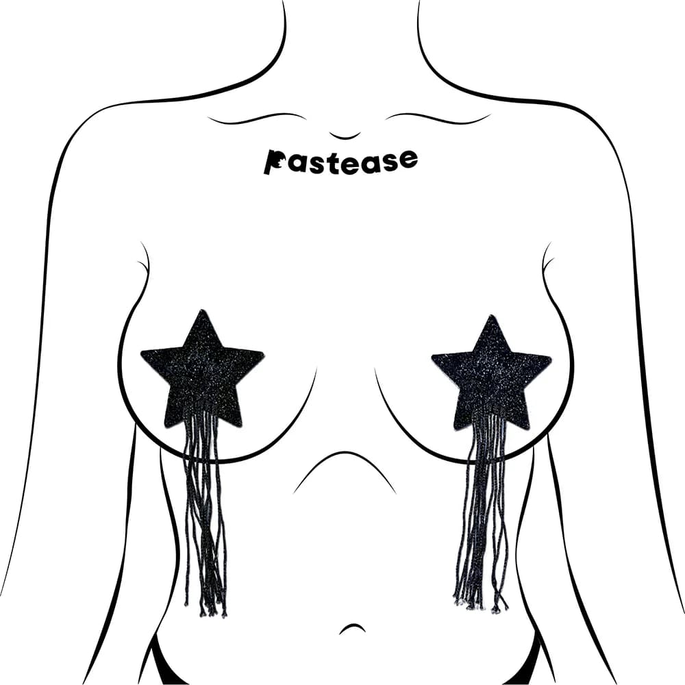 Tassel Pasties: Black Sparkle Star Pastease with Long Fringe Nipple Pasties thumbnail 2