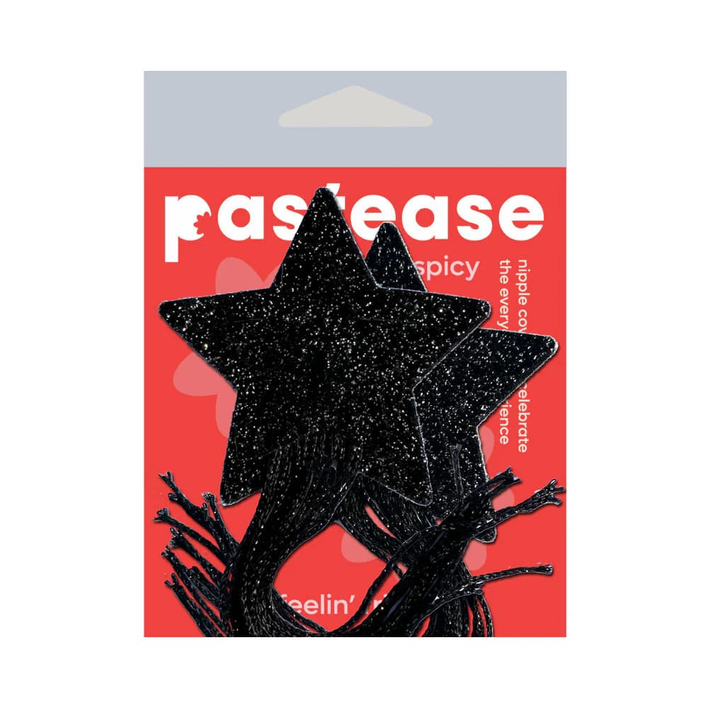 Tassel Pasties: Black Sparkle Star Pastease with Long Fringe Nipple Pasties thumbnail 4