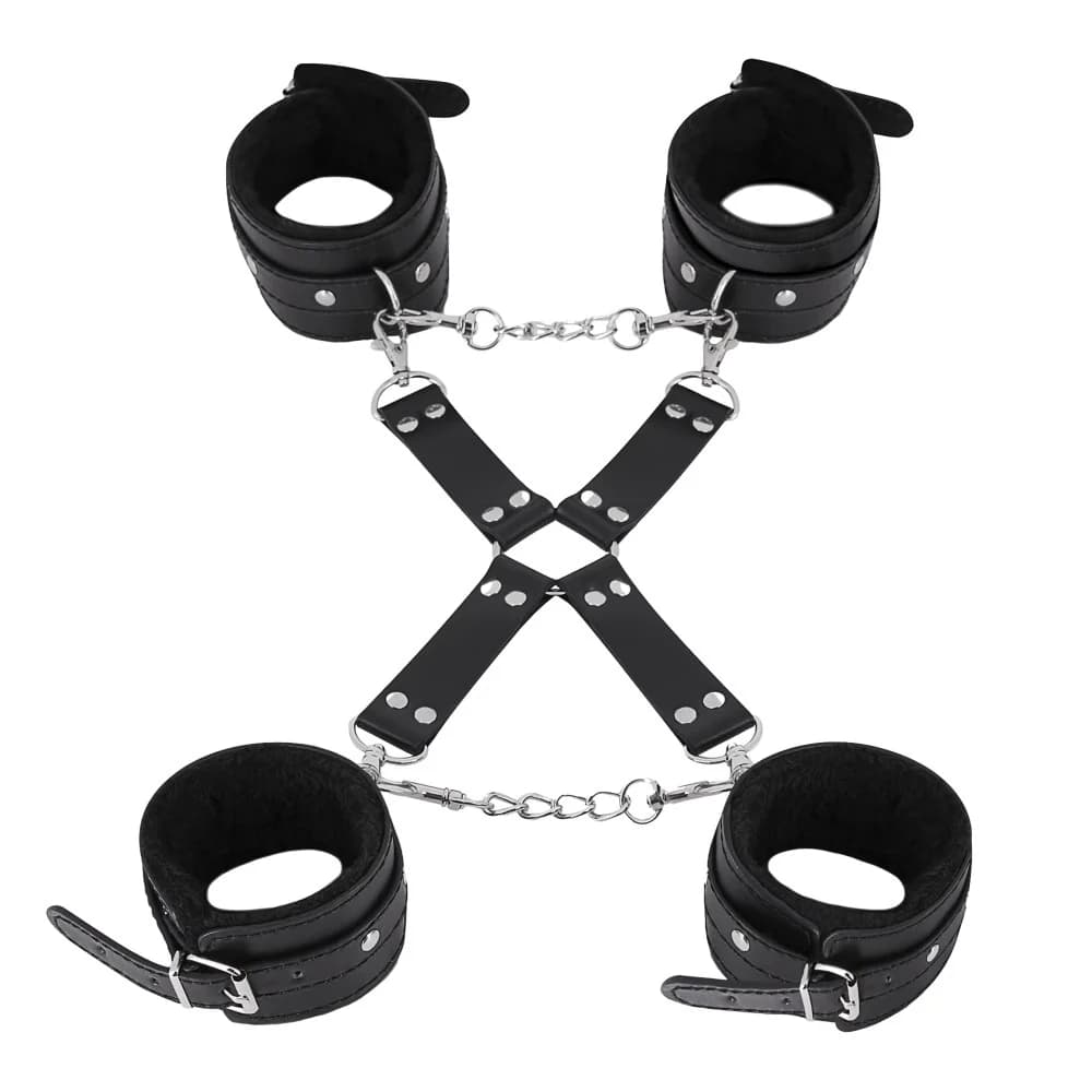 Male Power Leather All 4's Fuzzy Cuff Set Black thumbnail 2