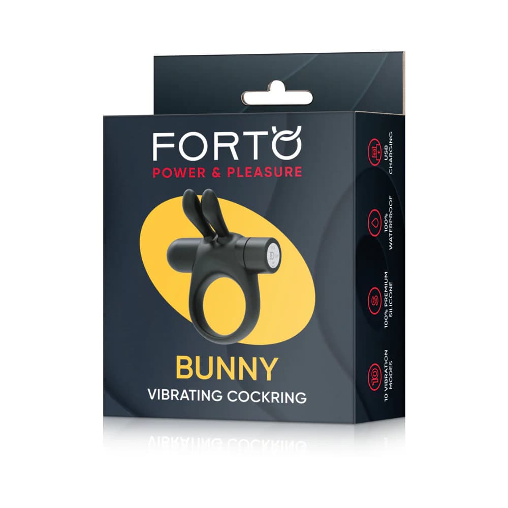Forto Bunny Rechargeable Silicone Vibrating Cockring with Stimulating Ears Black thumbnail 2