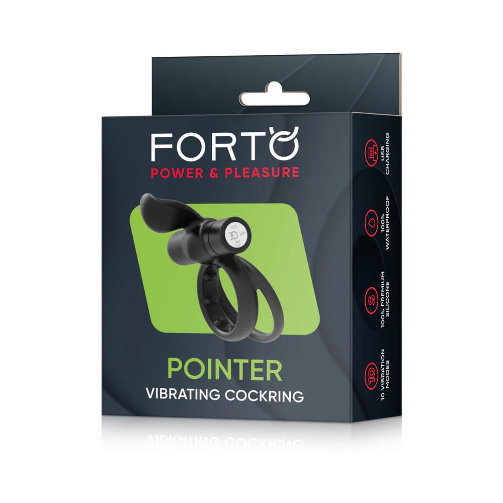 Forto Pointer Rechargeable Silicone Vibrating Dual Cockring with External Stimulator Black thumbnail 6