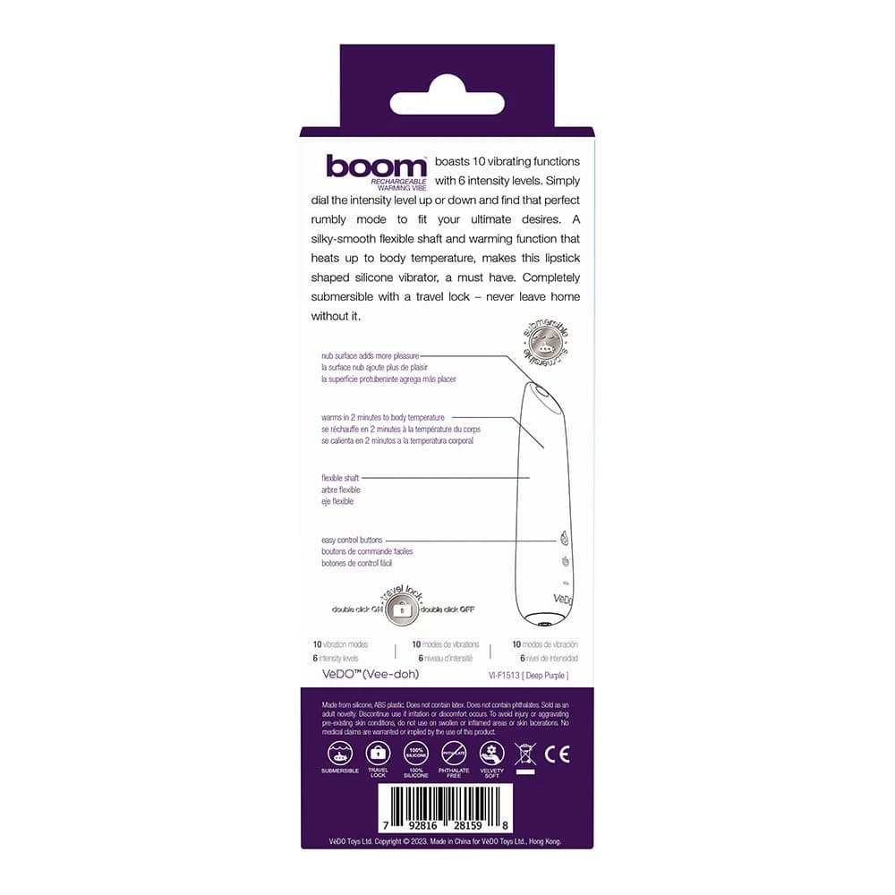 VeDO Boom Rechargeable Warming Silicone Slimline Vibrator Purple thumbnail 5