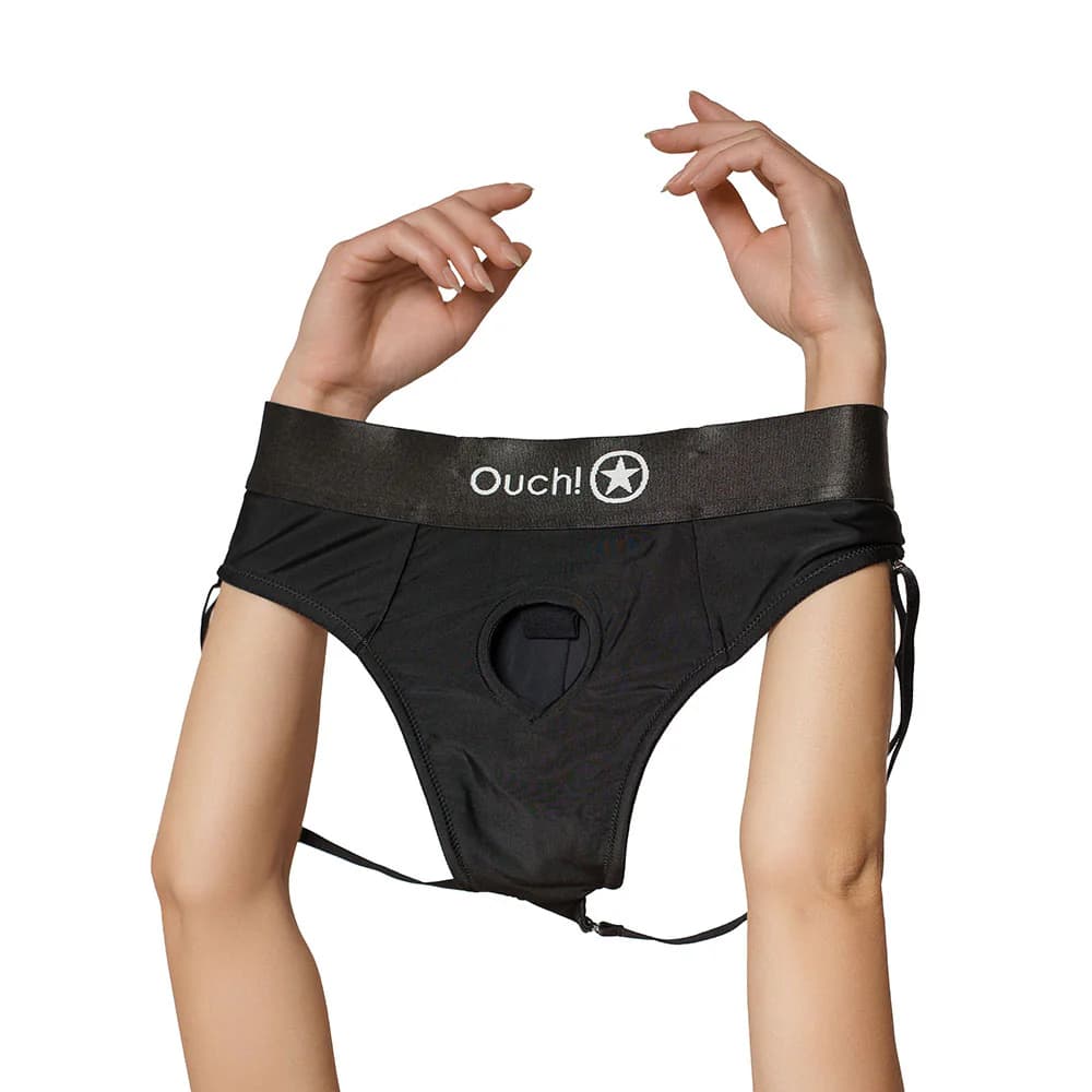 Ouch! Vibrating Strap-on Panty Harness with Open Back Black XL/2XL thumbnail 4
