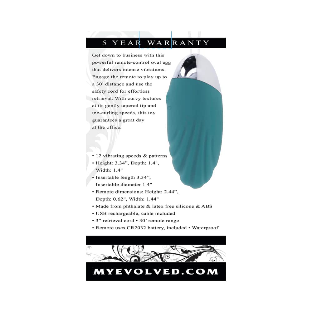 Evolved Oval Office Rechargeable Vibrating Egg with Remote Silicone Teal thumbnail 10