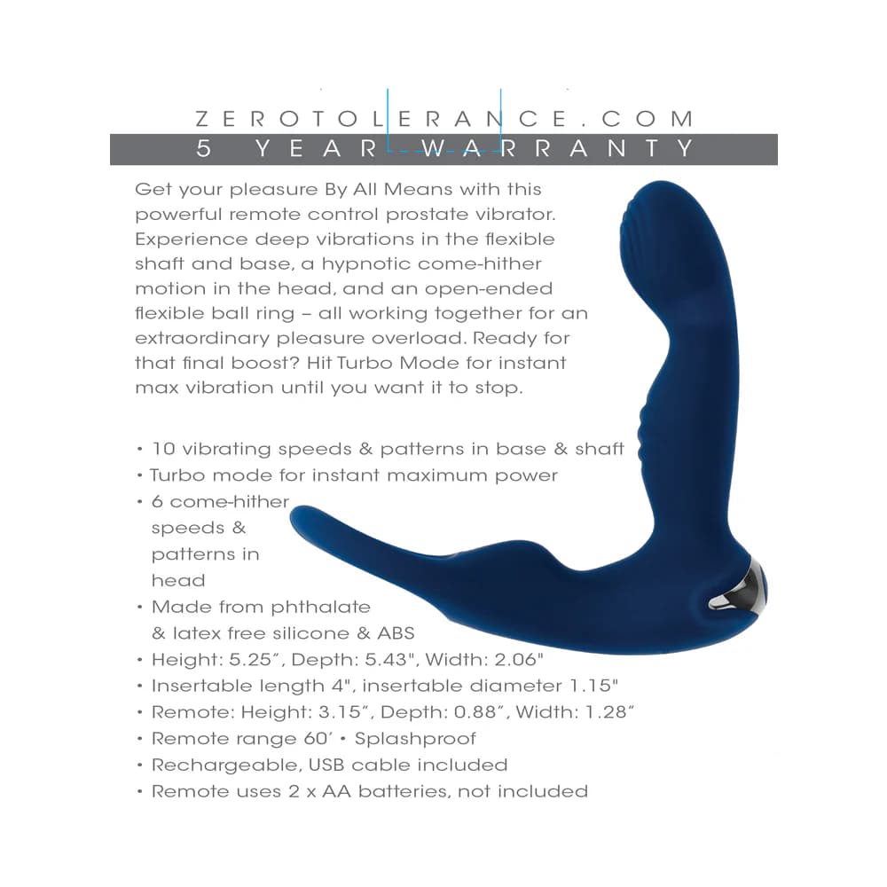 Zero Tolerance By All Means Rechargeable Prostate Vibrator with Remote Silicone Blue thumbnail 10