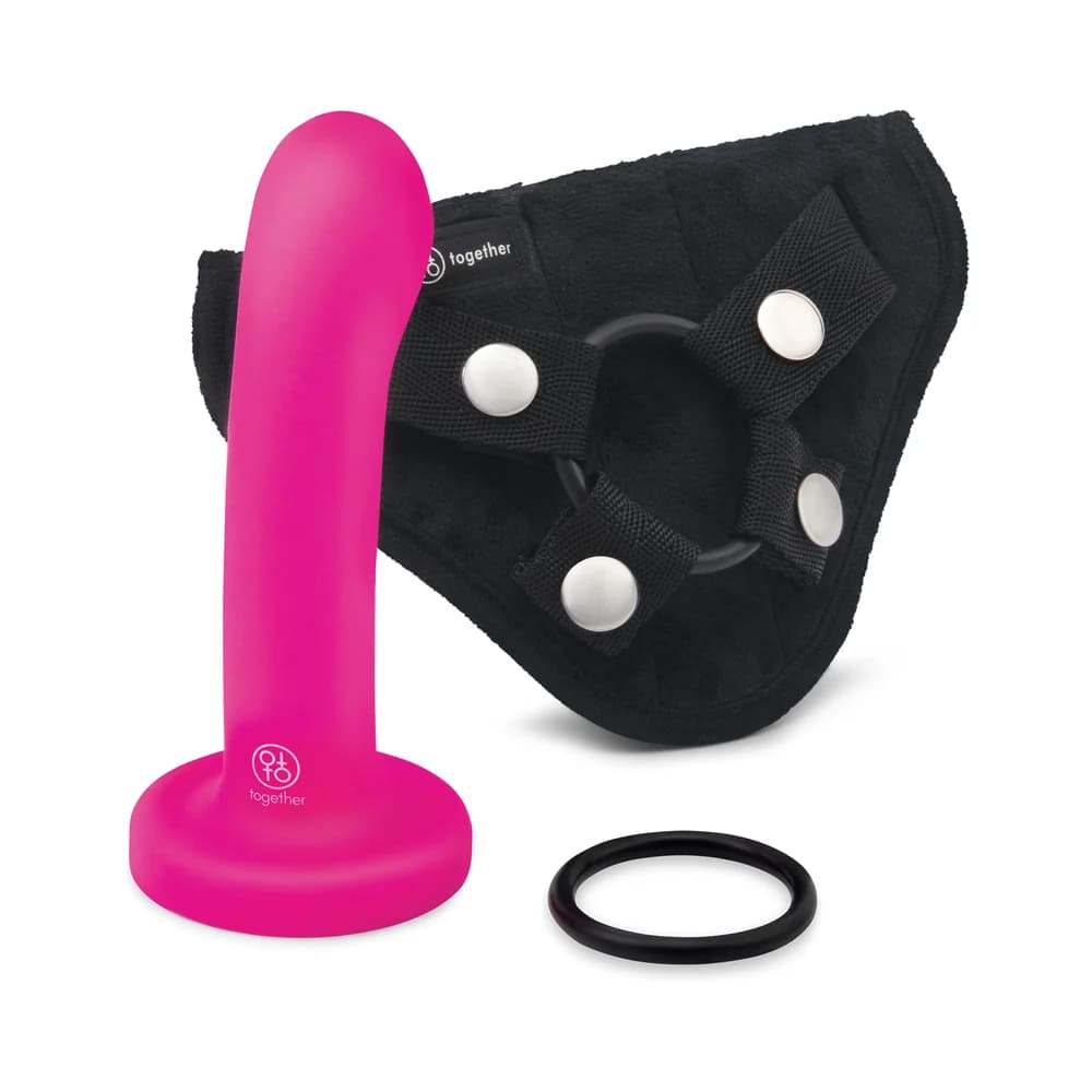 Together Pop 6 in. Silicone Dildo & Harness Set Pink thumbnail 2