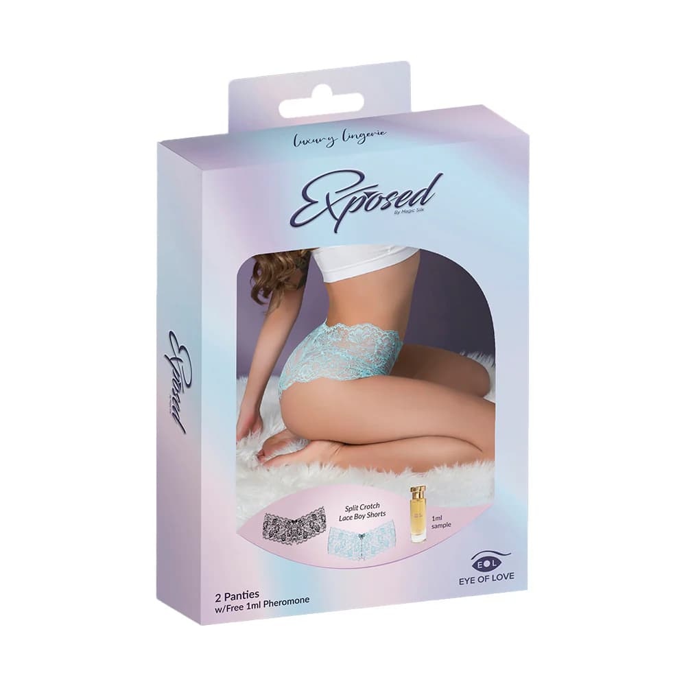 Magic Silk Pheromone Panties Split Crotch Lace Boy Short 2-Pack Aqua/Black Queen Size