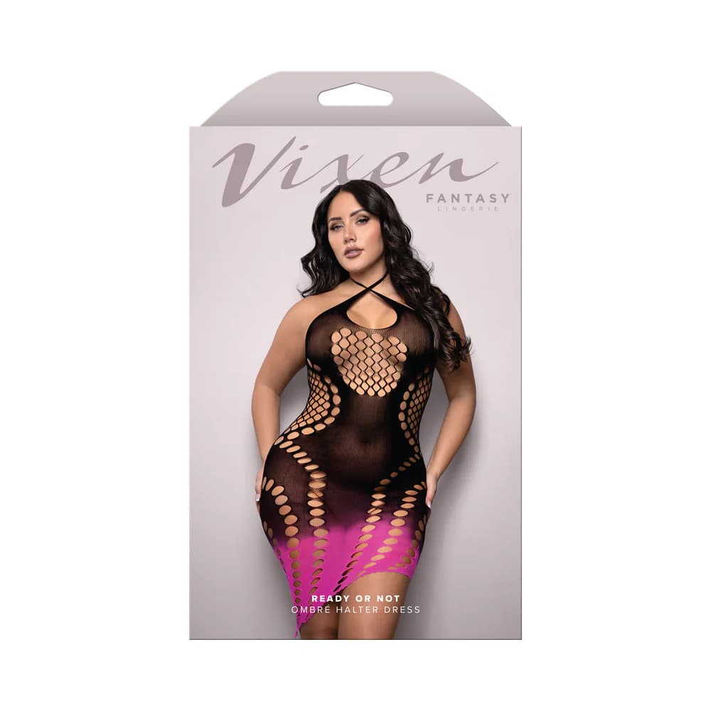 Fantasy Lingerie Vixen Ready Or Not Ombre Knit Asymmetrical Keyhole Halter Dress Black/Pink Queen Size
